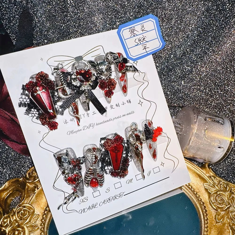 Qfdian 10Pcs High Quality Handmade Press on Nails Real Shot Pure Hand Drawn Wealth Accumulating Dragon Amber Exaggerated Super Cool