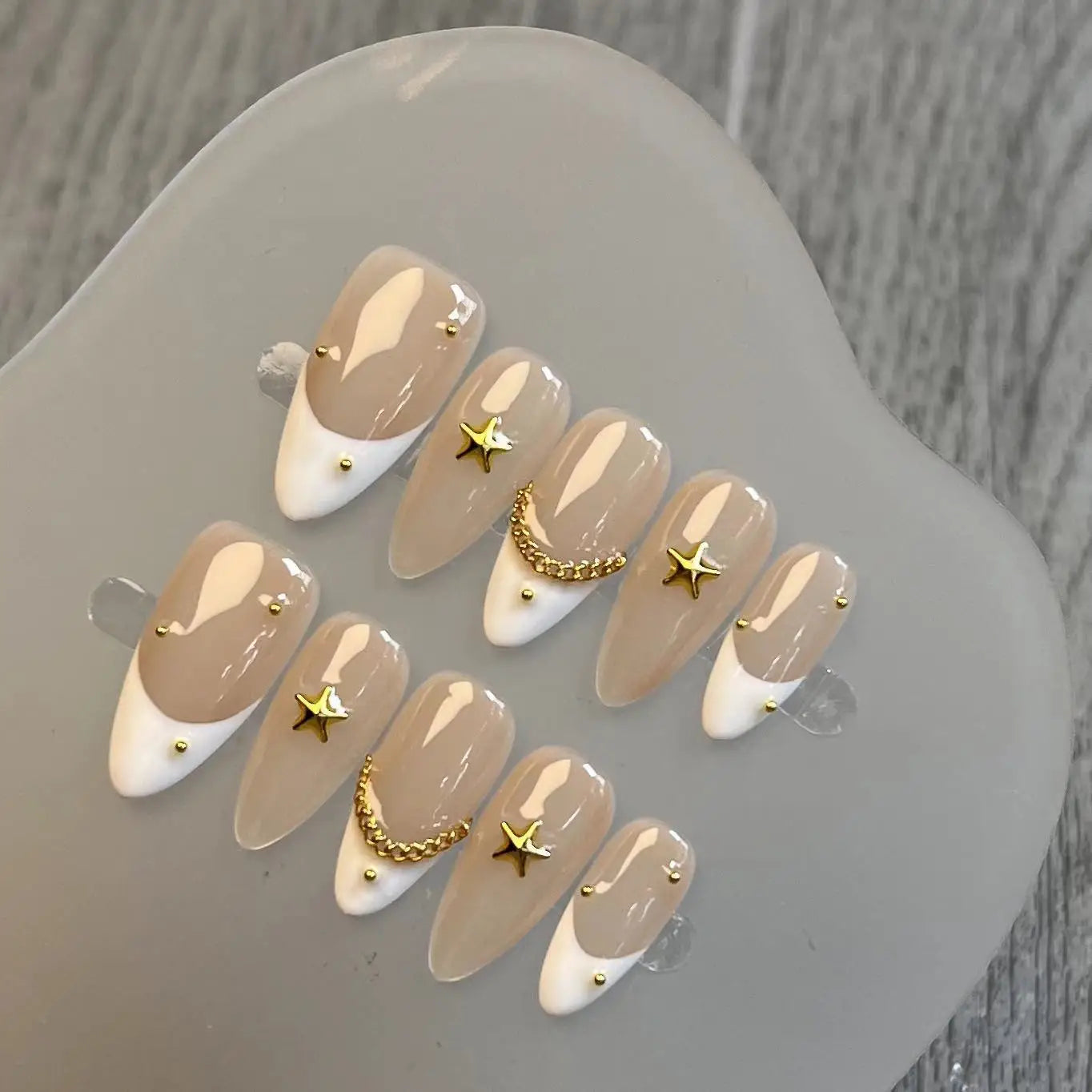 Qfdian Handmade Almond Press On Nail Reusable French Fake Nails Rhinestone Full Cover Artificial Manicuree Wearable Nail Tips Art