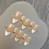 Qfdian Handmade Almond Press On Nail Reusable French Fake Nails Rhinestone Full Cover Artificial Manicuree Wearable Nail Tips Art