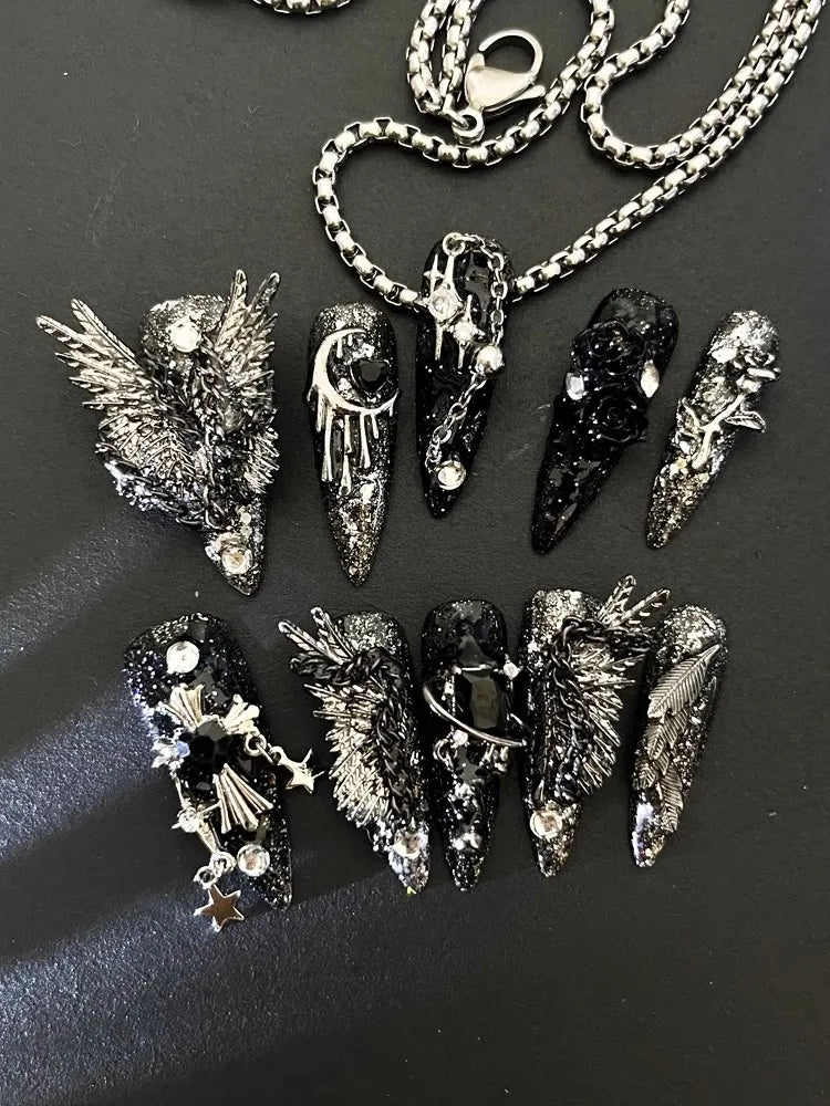 Qfdian Handmade Nail Shot of Spicy Girl Heavy Industry Metal Lost Paradise Subculture Super Cool Spicy Girl Dark Personality  Nails