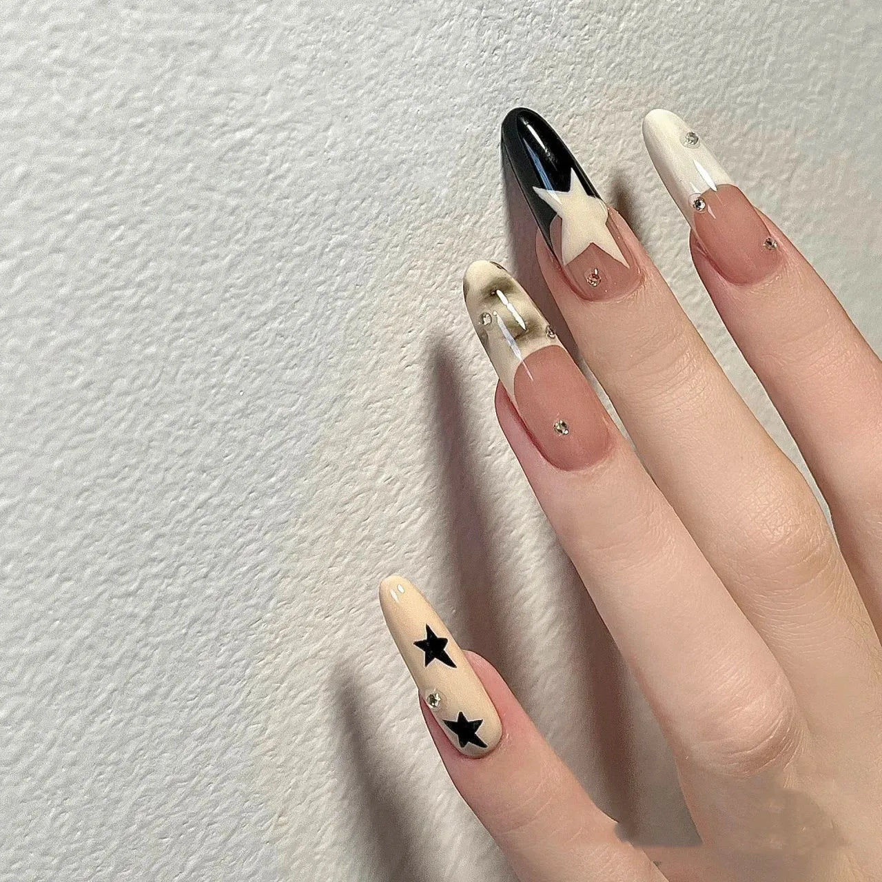 Qfdian 10pcs Handmade Star Long French False Nails Press on Nails Fake Nials Reusable Wearable Nail Tips Artificial False Nails