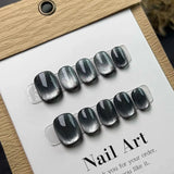 Qfdian Black Cat Eye Handmade Press on Nails Short Round Head Glitter False Nails with Design Wear Finger Tips Manicure Art Fake Nails