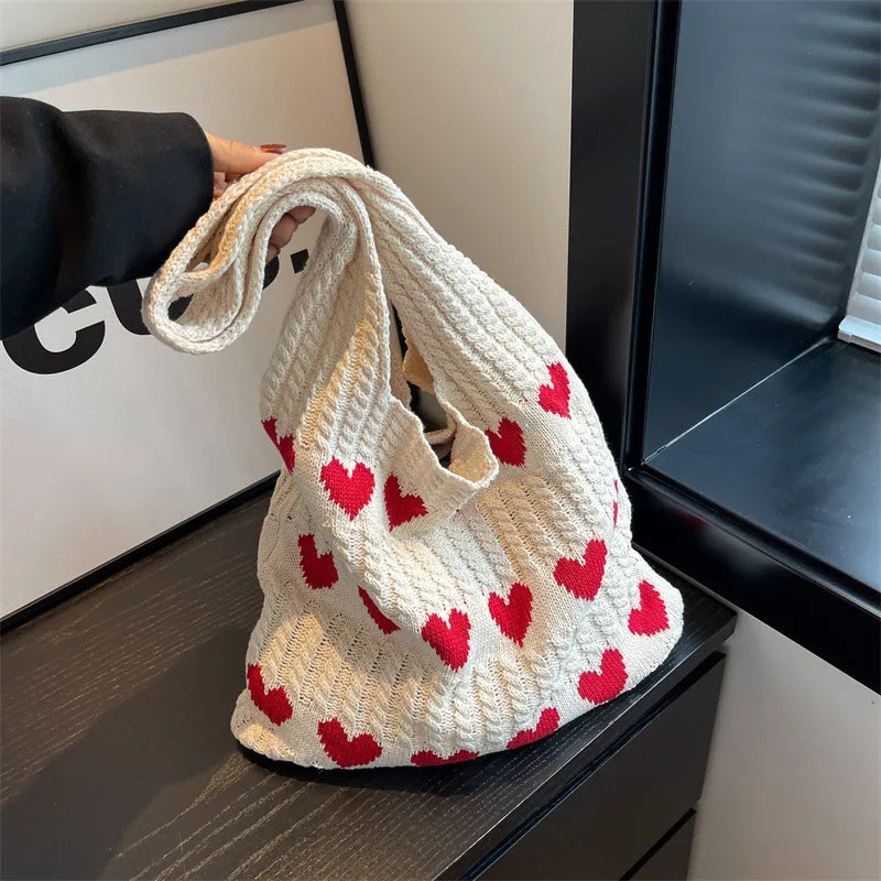 Qfdian 1PC New Knitted Bag Women's Summer Handmade Woolen Underarm Tote Bag Love Shopping Beach Shoulder Bag