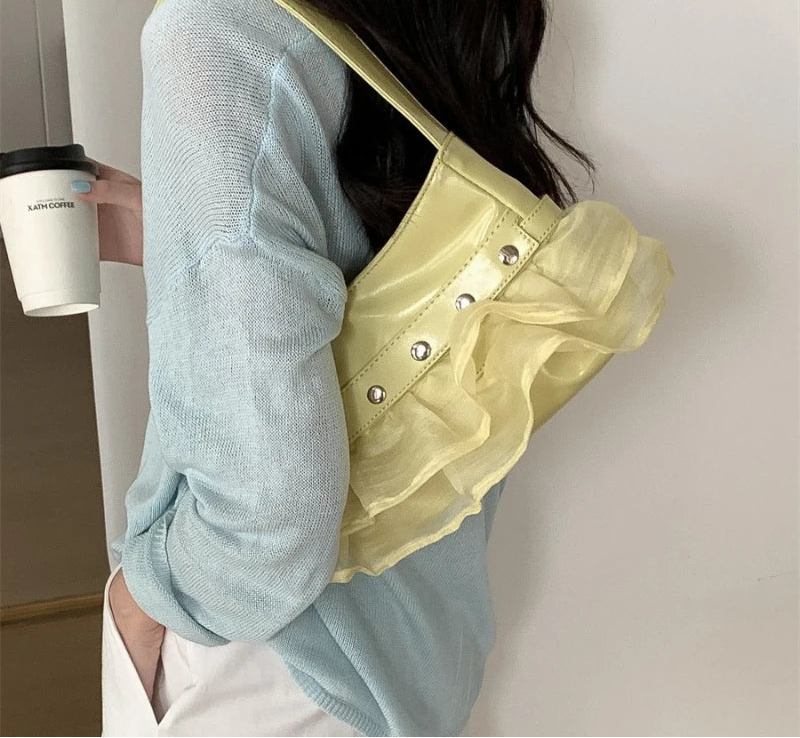 Qfdian Women Sweet Pleated Gauze Patchwork Rivet Handbags Fashion Fairy Y2k Aesthetic Shoulder Bags Office Lady All Match Underarm Bag