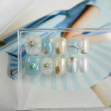 Qfdian 10pcs Handmade Blue Press On Nails Short Cute Fake Nails Reusable Adhesive False Nails Woman Salon Wearable Finger Decoration