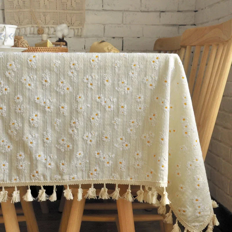Qfdian Cotton Blend Tablecloth Beige Floral Printed Washable Farmhouse Table Cover for Wedding Party Living Room Baby Shower Decoration