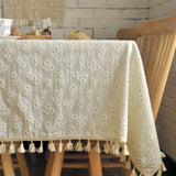 Qfdian Beige Daisy Lace Tassels Cotton Tablecloth Rectangle Table Cover for Tea Table Decorations Kitchen Living Room Wedding Party Use