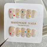 Qfdian Short Oval Press on Nails Handmade Fake Nails Full Cover Wearable False Reusable Adhesive Manicure Nails Glitter Dots Decoration