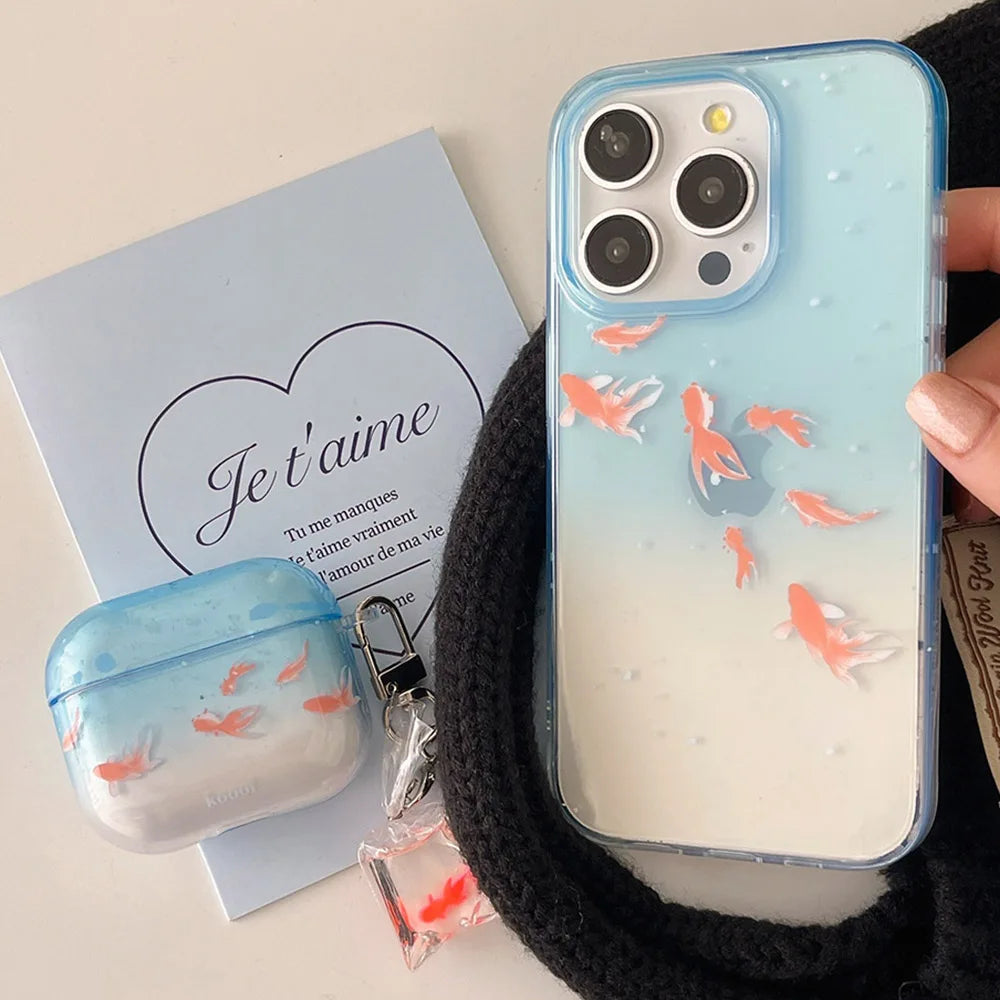 Qfdian Clear Blue Gradient Koi Fish Gloss Mobile Phone Protective Case For iPhone 12 13 14 15 Pro Max Coque For iPhone 16 Pro Max Cover