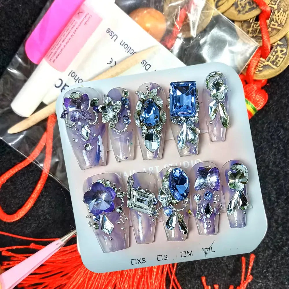Qfdian 10Pcs High Quality Handmade Press on Nails Colorful Angel Heavy Industry Purple Sparkling Alien Diamond Nail Art Shows White