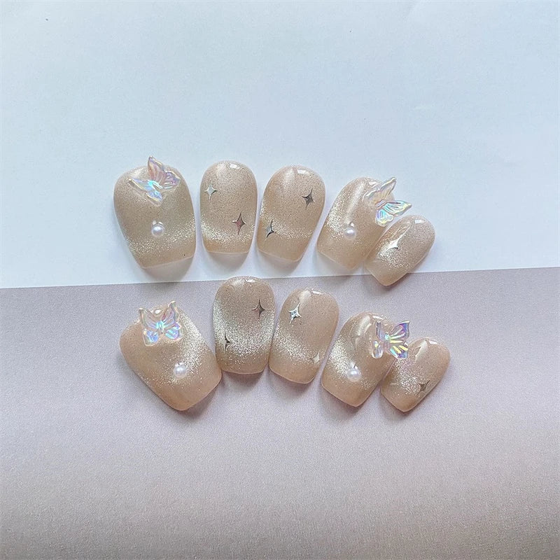 Qfdian 10Pcs Glitter Handmade Press On Nails Short Gradient Full Cover Butterfly Design False Nails Manicure Wearable Nail Tips Art