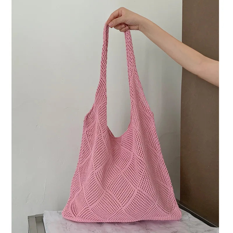 Qfdian Women Handbag Summer Hollow-out Bead Tote Bag Bucket Shoulder Bag Female Reticulate Netted Canvas Beach Handbag