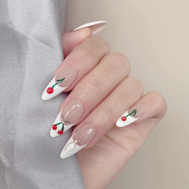 Qfdian 10Pcs White French Handmade Press On Nails Medium-Length Oval Fake Nails Solid Full Cover Cherry Bow Knot Design Manicure Art