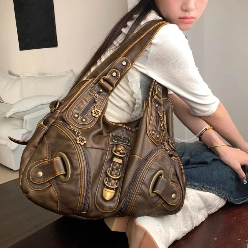 Qfdian Y2k Aesthetic Vintage Fashion Women's Handbags Casual Grunge Streetwear Shoulder Underarm Bag Female All Match Trendy Tote Bags