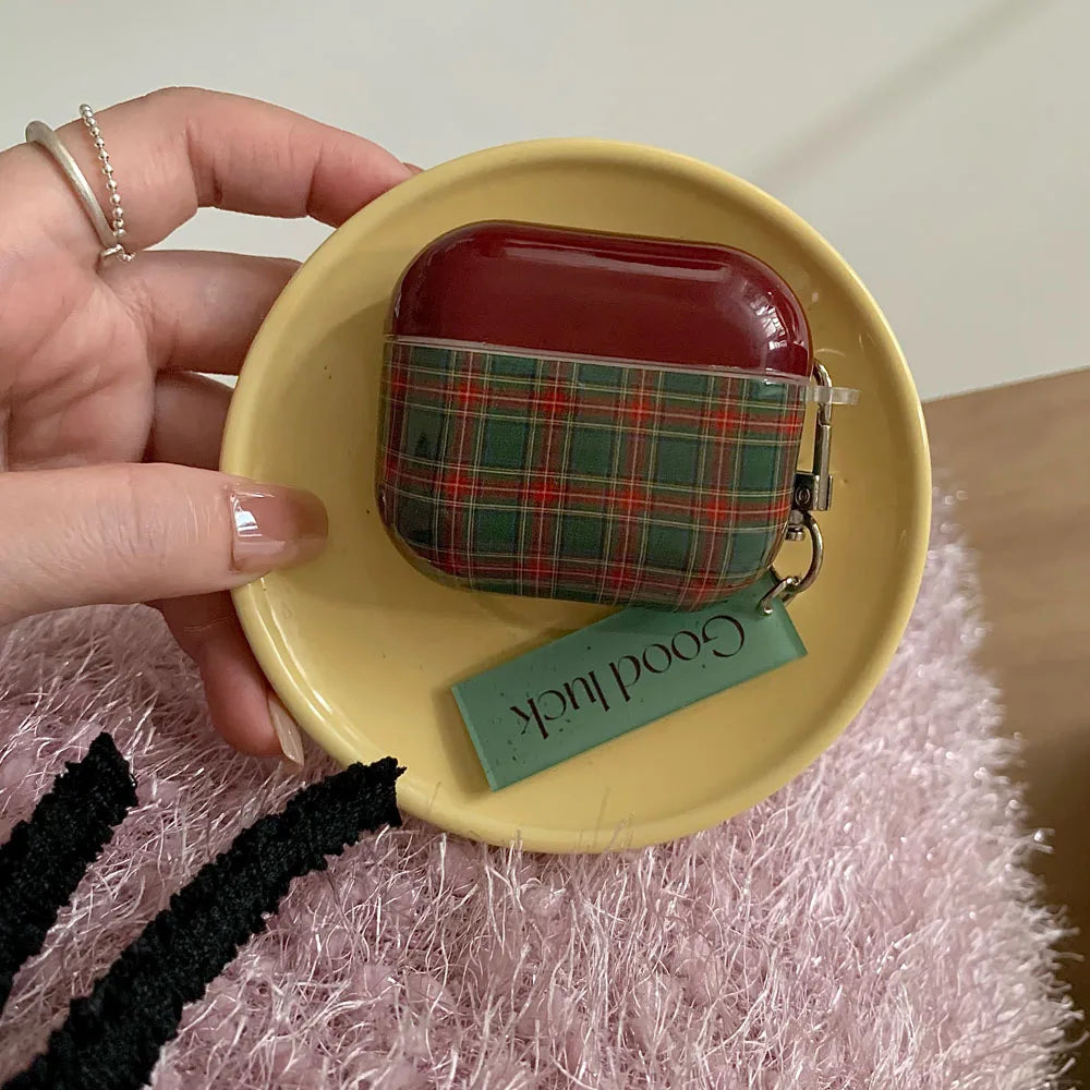 Qfdian Retro Style Grid Pattern Gloss Soft Cover Case for AirPods 4/3/2/1 Pro 2 Wireless Bluetooth Earphone Shell Good Lucky Pendant