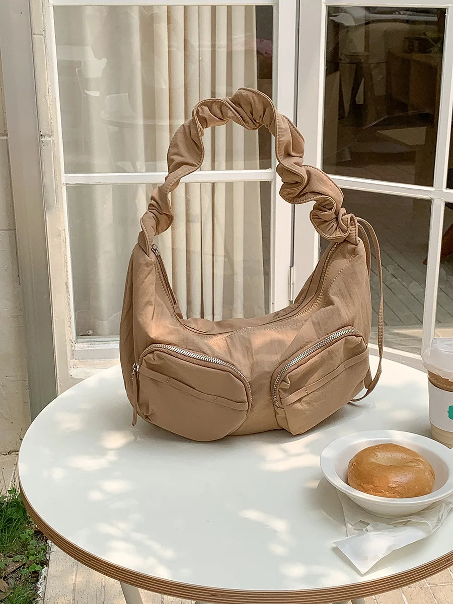 Qfdian Vintage Women Nylon Zipper Hobo Bag Streetwear All Match Y2k Aesthetic Ins Shoulder Bags Drawstring Pleated Handbags Crossbody
