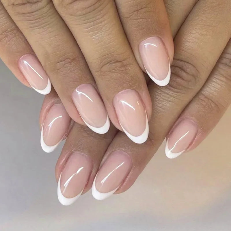 Qfdian 24Pcs Solid Nude Color Fake Nails with Jelly Glue Short Almond Press on False Nails Wearable Oval Finished Full Cover Nail Tips