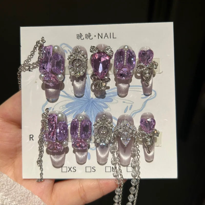 Qfdian 10Pcs High Quality Handmade Press on Nails Three-Dimensional Metal Decoration Cat's Eye Stick-on Nail Art Gorgeous Banquet