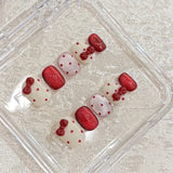Qfdian 10pcs Handmade Short Cat Eye Dot Red Bow Removable Christmas Press on Nails Acrylic Cute Fake Nails Sweet False Nails for Hands