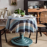 Qfdian Green Round Tablecloth Striped Embroidered Table Cover Farmhouse Tassel Table Cloth for Table Kitchen Dining Room Tabletop Decor