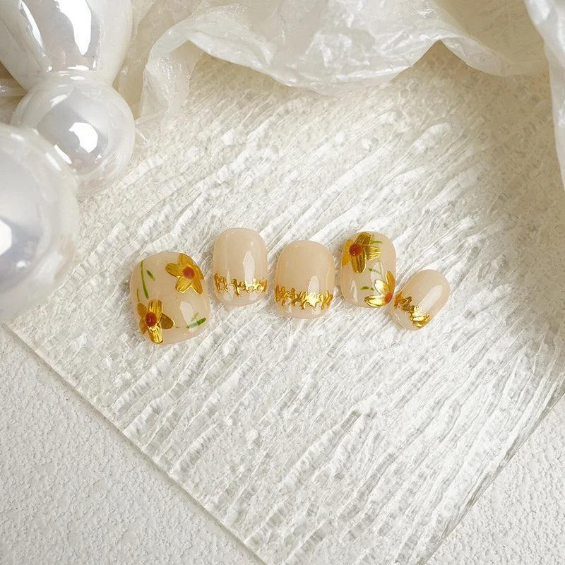 Qfdian Cute Handmade Press on Nails Golden Korean Fake Nails Round Head Reusable Adhesive False Artifical Nails Manicure Acrylic Tips