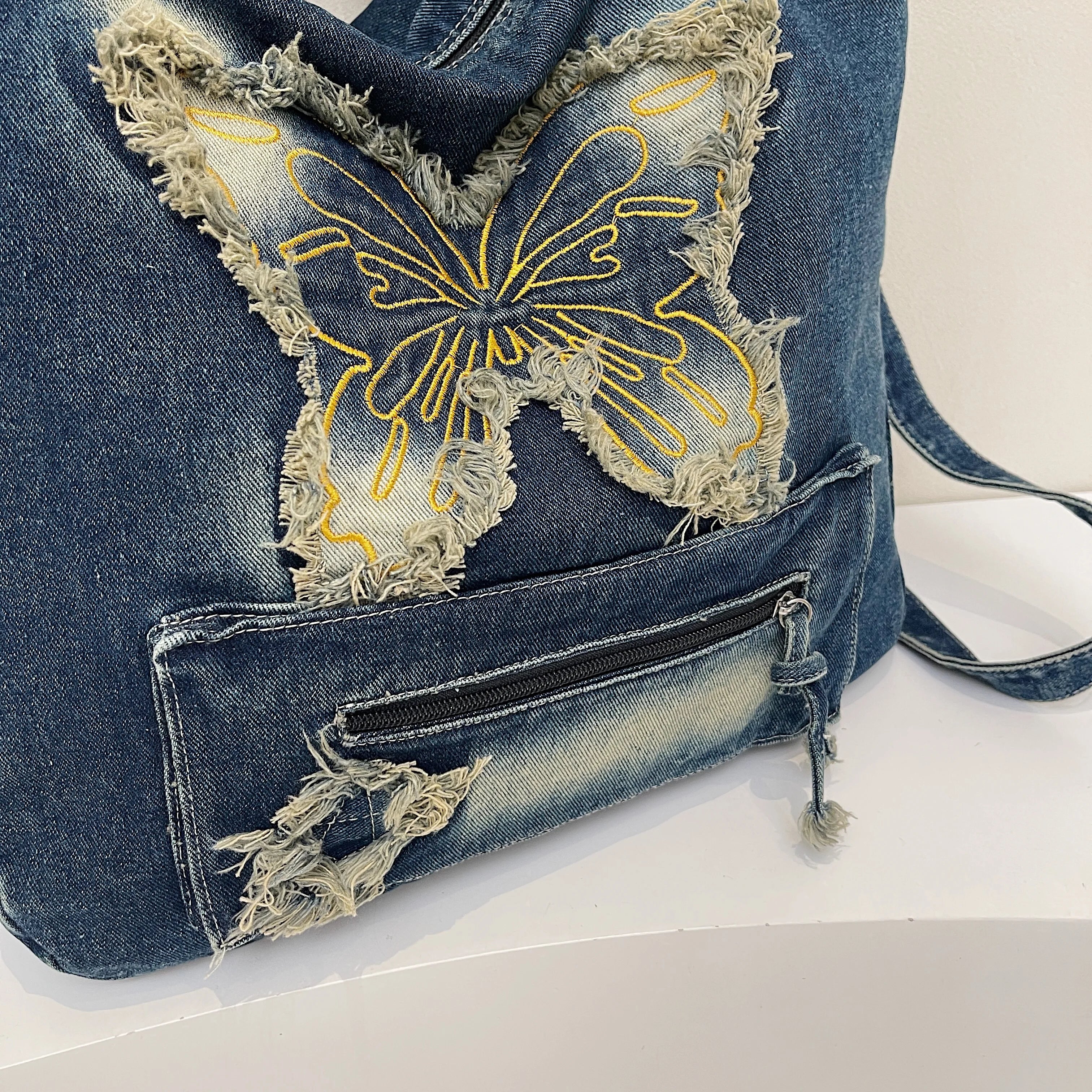 Qfdian Large Capacity Canvas Shoulder Bags Butterfly Denim Casual Totes New In 2025 Leisure Or Travel Bags Lady Sweet Packages Women