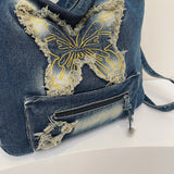 Qfdian Large Capacity Canvas Shoulder Bags Butterfly Denim Casual Totes New In 2025 Leisure Or Travel Bags Lady Sweet Packages Women