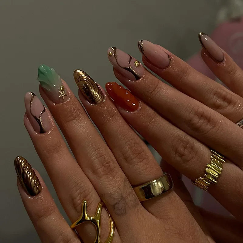 Qfdian 24Pcs Simple French Fake Nails with Almond Head Design Detachable 3D Irregular Star Pattern Press on False Nails Manicure Tools