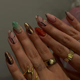 Qfdian 24Pcs Simple French Fake Nails with Almond Head Design Detachable 3D Irregular Star Pattern Press on False Nails Manicure Tools