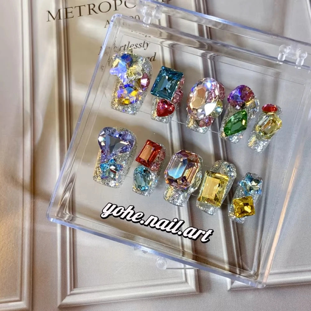 Qfdian 10Pcs High Quality Handmade Press on Nails Colorful Angel Heavy Industry Purple Sparkling Alien Diamond Nail Art Shows White