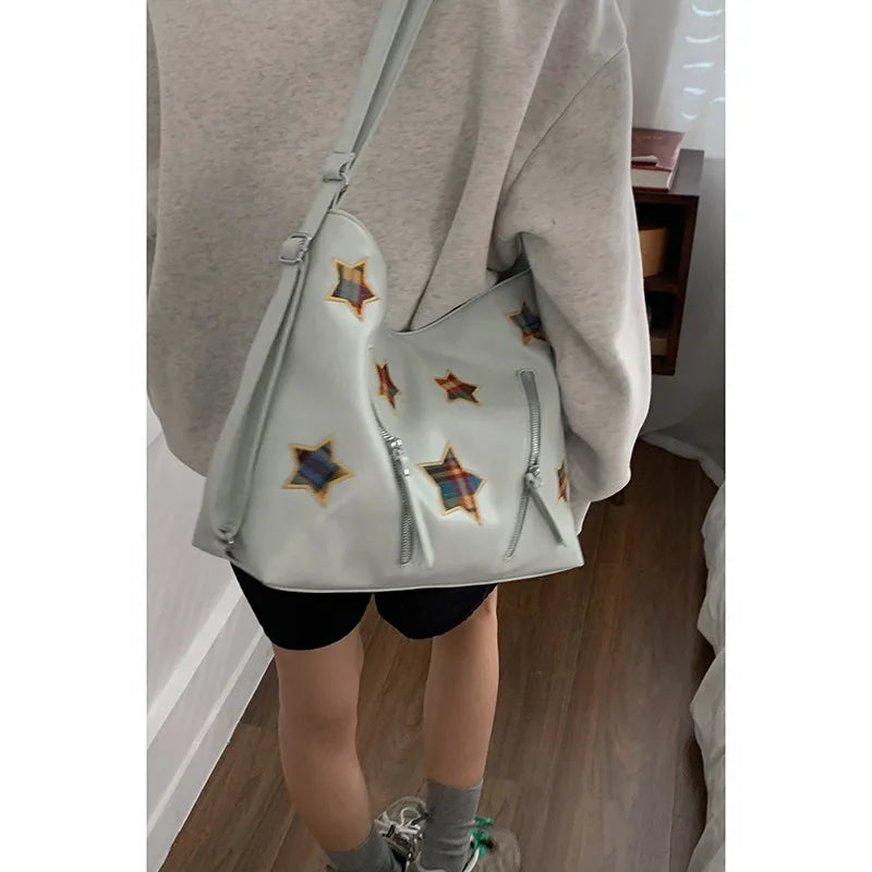 Qfdian Fashion Preppy Backpacks Casual Plaid Star Embroidery Crossbody Bags All Match Women Y2k Aesthetic Shoulder Handbags Streetwear