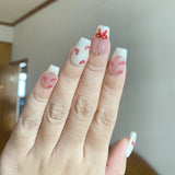 Qfdian Handmade Press on Nails Full Cover Bowknot Heart Acrylic French False Nails Cute with Aurora Reusable Manicure Nail Kit Manicure