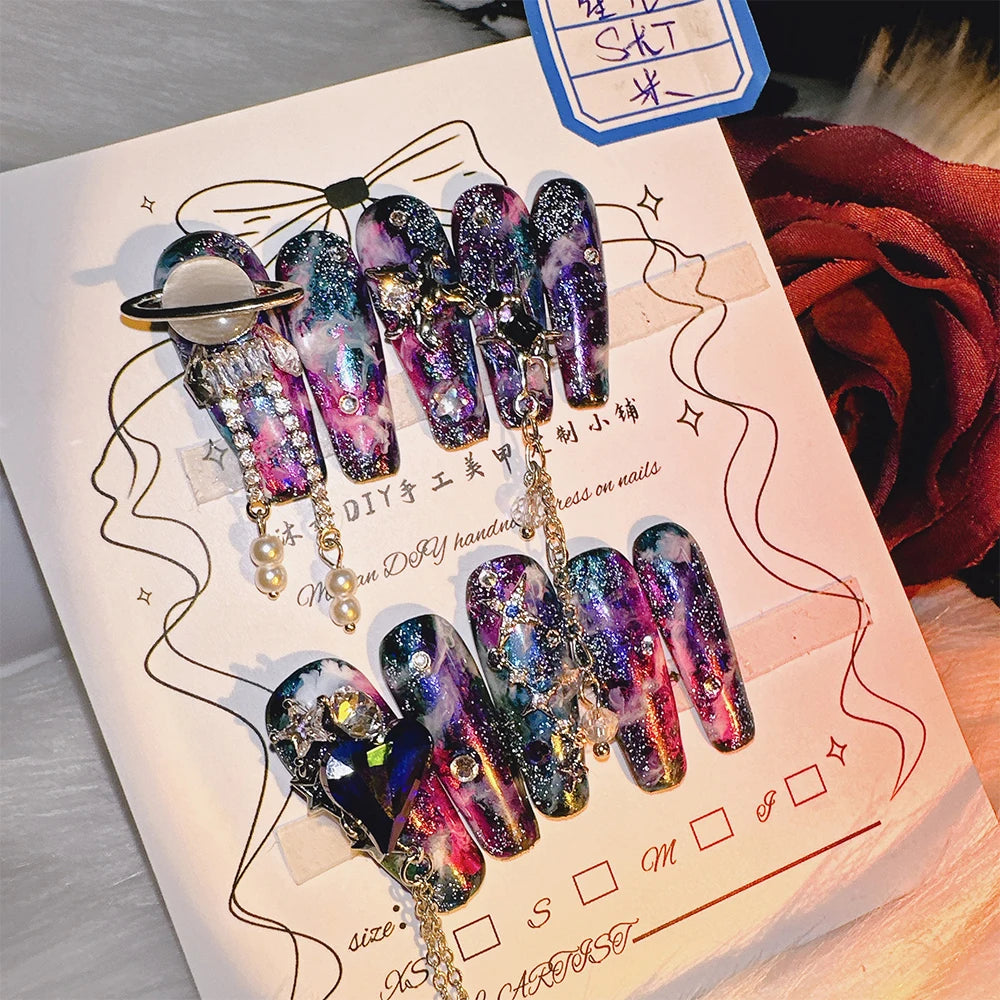 Qfdian 10P High Quality Handmade Press on Nails Cosmic Star Curse Constellation Sense Dark Explosion Flash Nail Art Real Shot Hot Girl