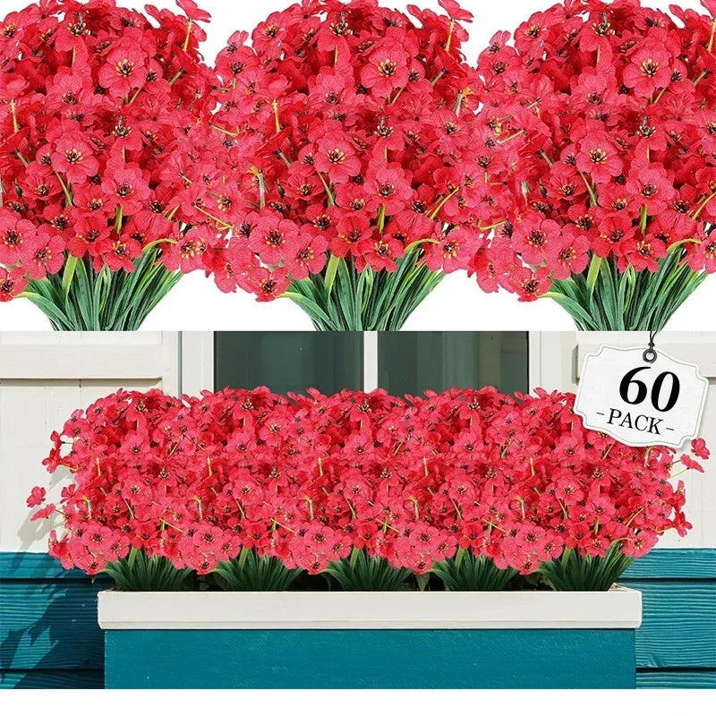 Qfdian 60 Bundles Artificial Flowers for Outdoor No Fade Fake Plastic Outside Flowers Faux Plants for Decoration Hanging Planters
