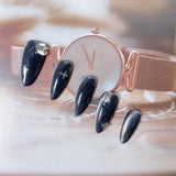 Qfdian Handmade False Nails Press on Dark Star Cat's Eye Almond Fake Nails Acrylic Full Cover Nail Tips Glitter Nails Set with Designed