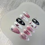 Qfdian 10pcs Handmade Press on nails sweet cool y2k black nails press ons short almond fake nails metallic false nails tips