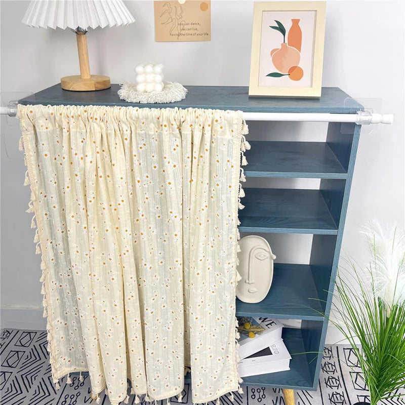 Qfdian Korean Daisy Curtain Road Pocket Shade Bohemian Tassel Curtain for Kitchen Bedroom Living Room Kids Semi Blackout Window Curtain