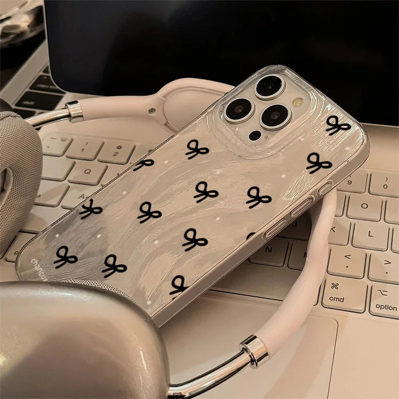 Qfdian Ins Korean Mini Bow knot Laser Silver Phone Case For iPhone 11 13 14 15 16 Pro Max Cases iPhone 7 8 Plus XS XR Phone Cover
