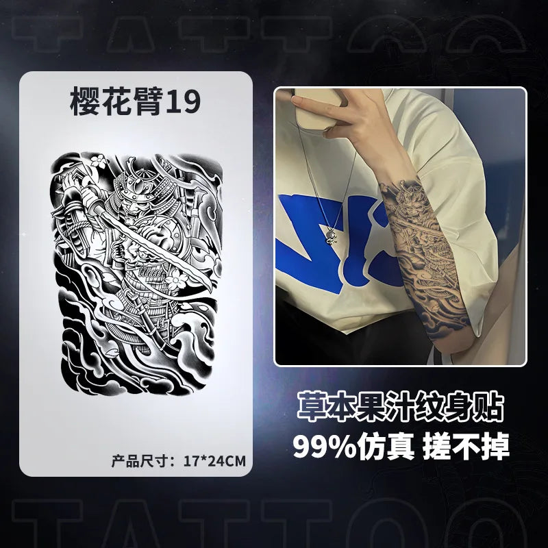 Qfdian Japanese Traditional Half Arm Herbal Juice Temporary Tattoo Stickers Sakura Leaf Lasting Art Fake Tattoo Men Women Faux Tatouage