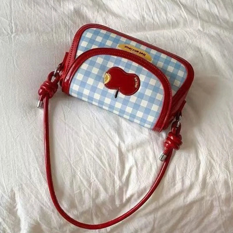 Qfdian Patchwork Contrast Color Plaid Underarm Bag Japanese Girls Kawaii Sweet Shoulder Handbags Y2k Women Fashion Chic Crossbody Bags