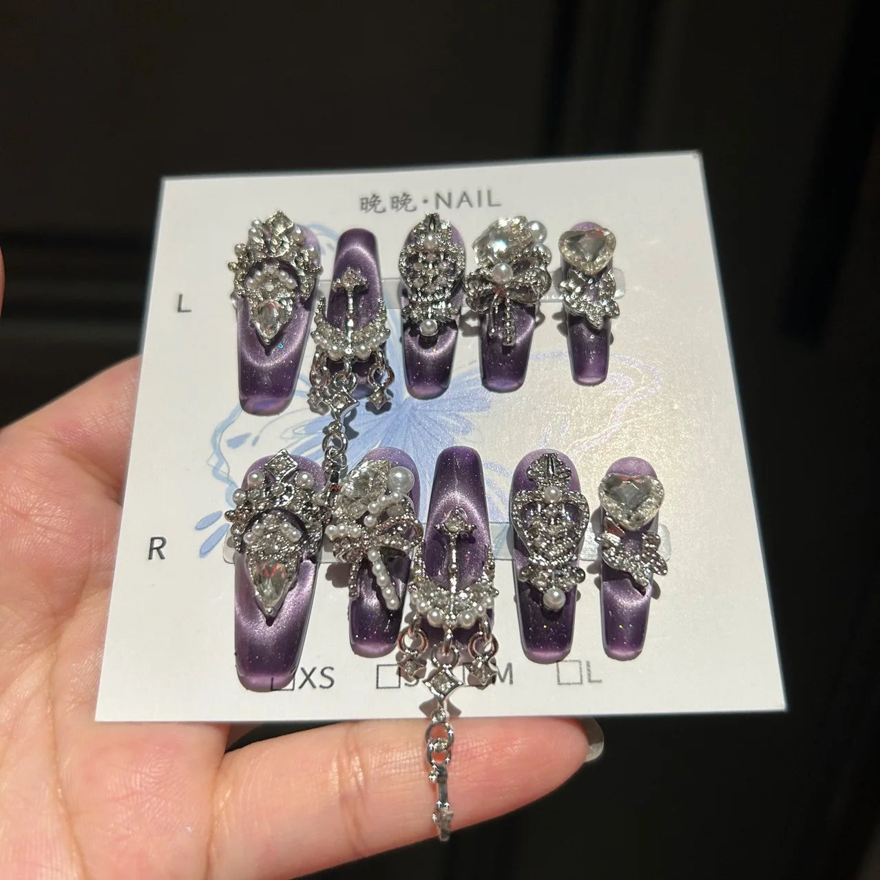 Qfdian 10Pcs High Quality Handmade Press on Nails Rhinestone Color-Block Inlay Internet Celebrity Nail Art Sweet And Cool Girl Style