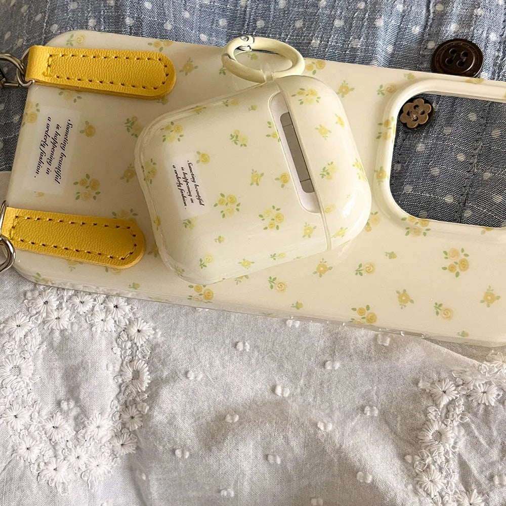 Qfdian Korea Cute Full Yellow Flower Gloss Soft Protection Case For Apple AirPods 1 2 3 4 Pro 2 Cover Shockproof Funda With Keychain