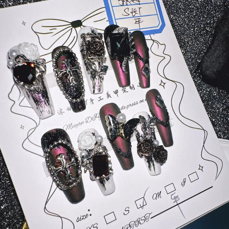 Qfdian 10Pcs High Quality Handmade Press on Nails Mihai Matte Darkening Niche Style Spicy Girl Nail Drill Decoration