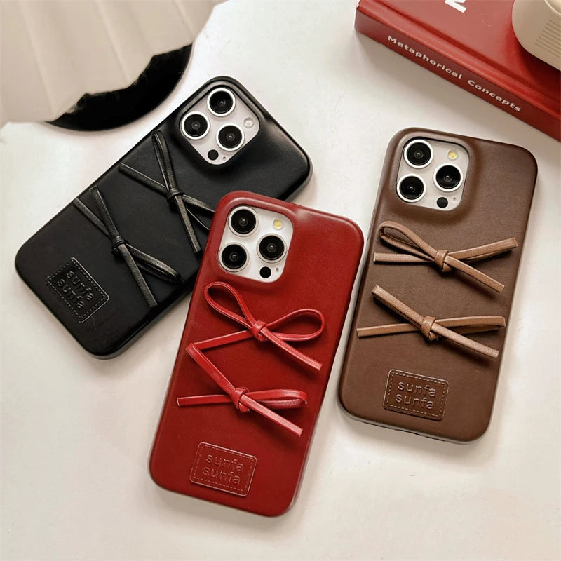 Qfdian Retro Fashion Lovely Bowknot Leather Case For iPhone 16 15 13 14 Pro Max Soft Matte TPU Phone Back Cover
