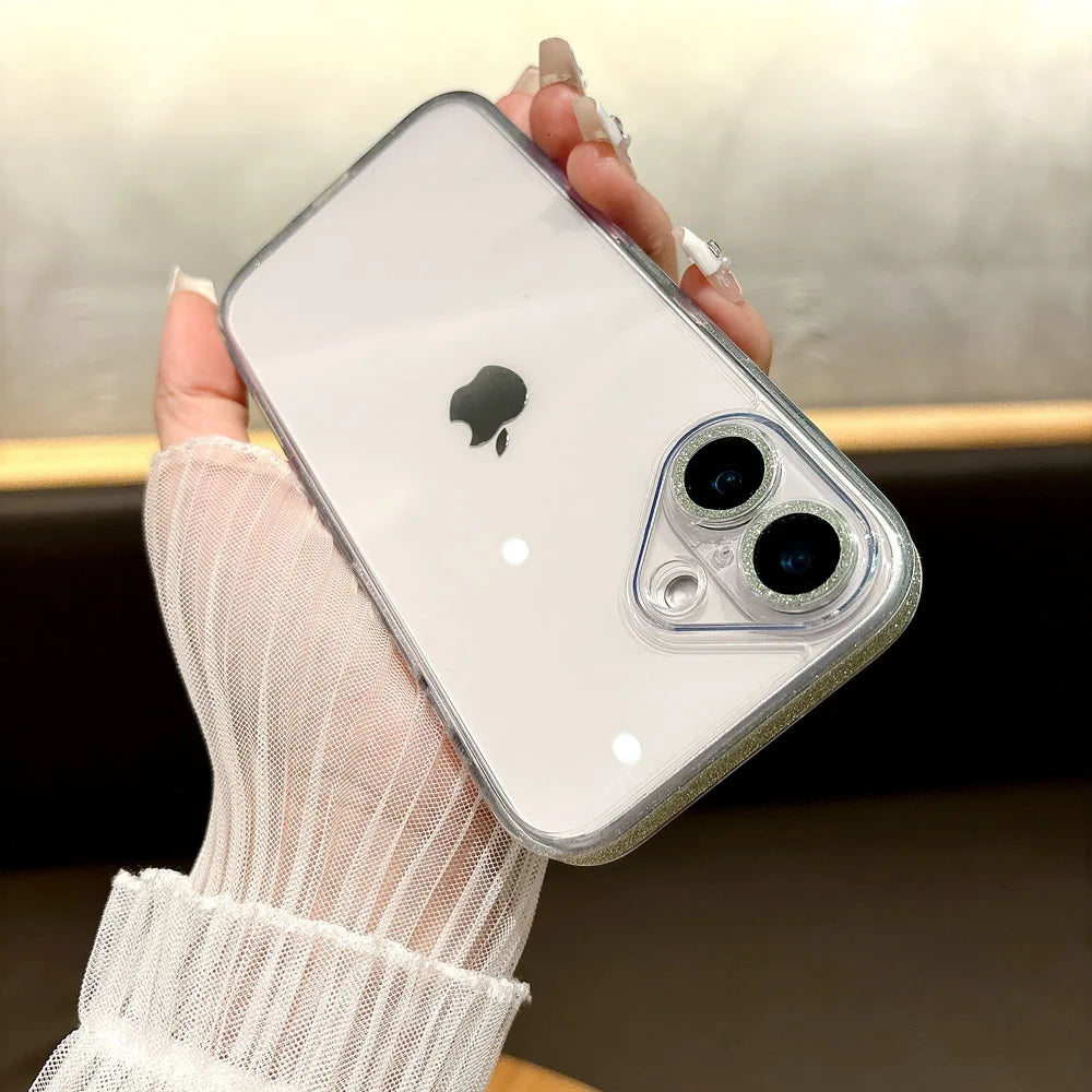 Qfdian Fashion Tempered Glass Transparent Back Cover for iPhone 16 15 14 13 12 11 Pro Max 14/15/16 Plus Sparkling Powder Soft Edge Case