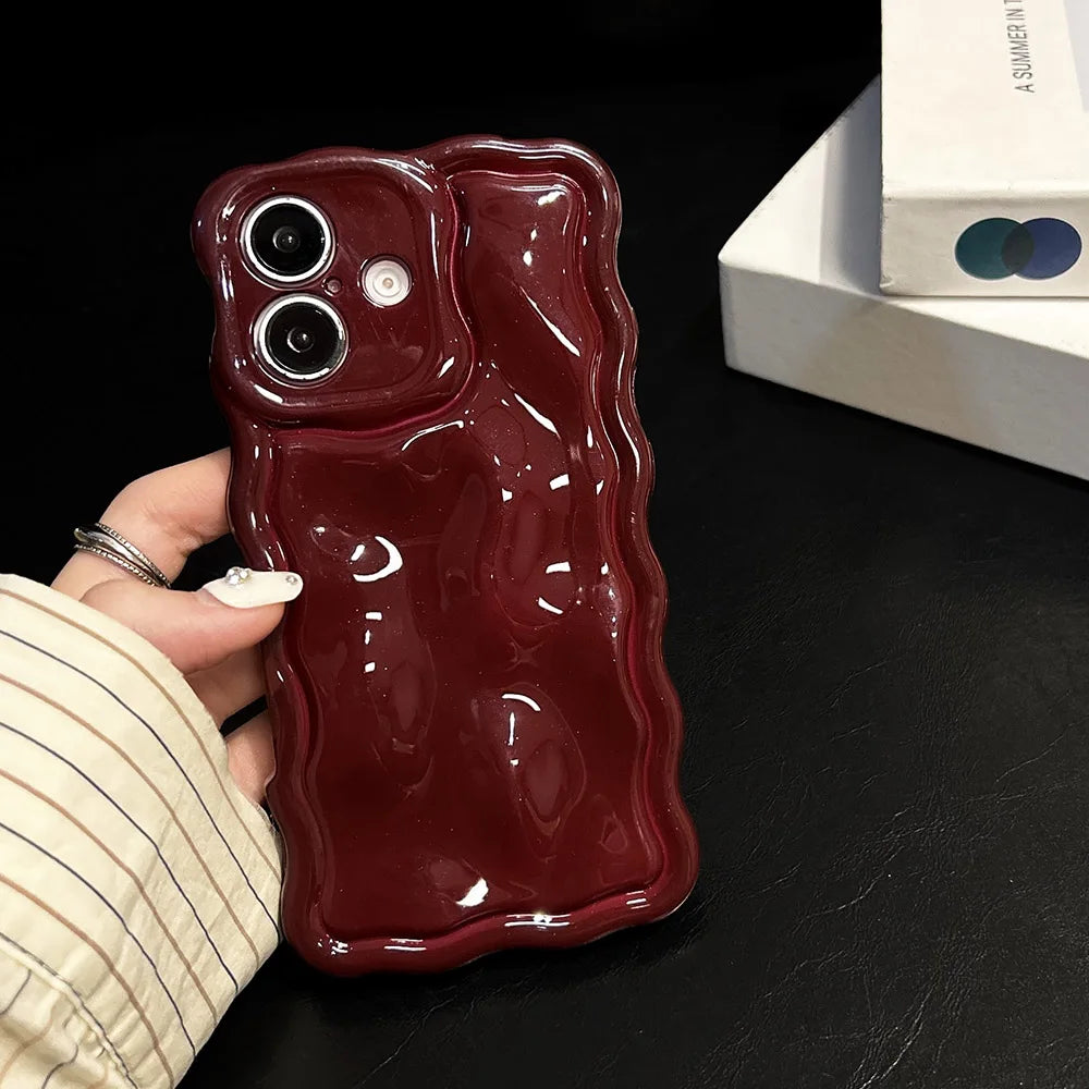 Qfdian Solid Color Gloss 3D Wave Texture Phone Case for iPhone 16 15 14 13 16 Pro Max Soft Silicone Shockproof Protection Coque Cover