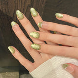 10pcs Handmade Press on Nails Green Flower Print Short Oval Head Fake Nails Wearable Glitter Green Cat Eye False Nail Tips