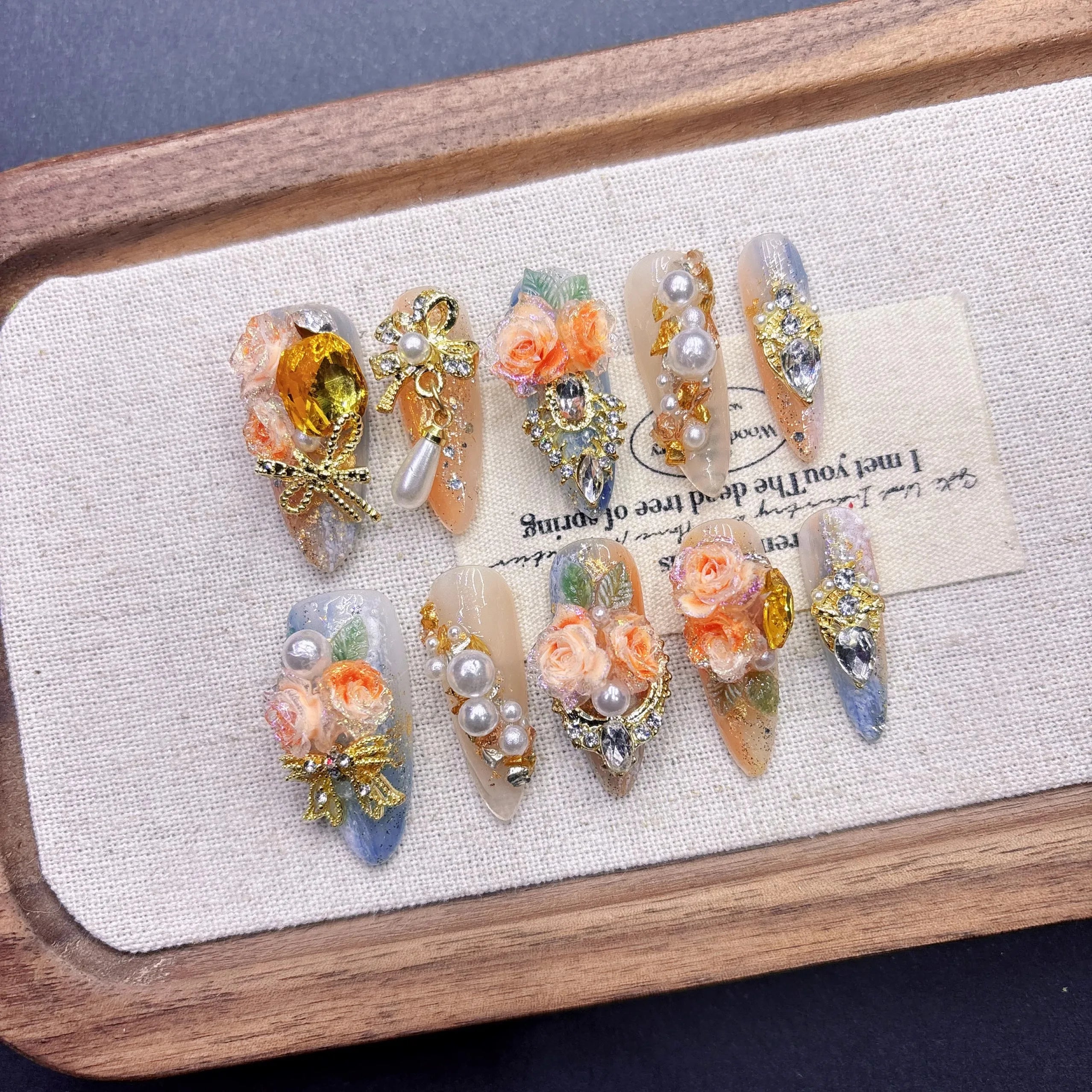 Qfdian Luxury Press On Nails French Romantic Style with Alloy Gems Crystal Pearls Resin Flowers Elegant Glam Design for Party Wedding