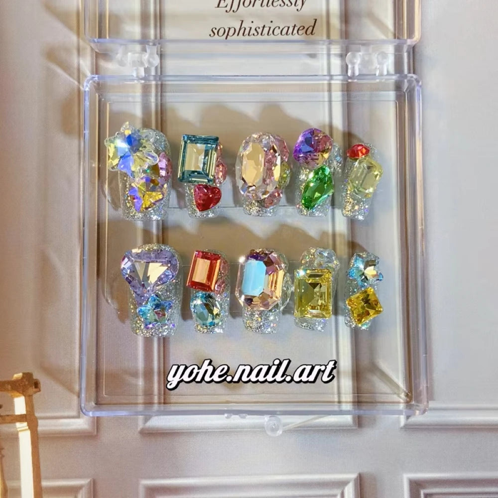 Qfdian 10Pcs High Quality Handmade Press on Nails Colorful Angel Heavy Industry Purple Sparkling Alien Diamond Nail Art Shows White