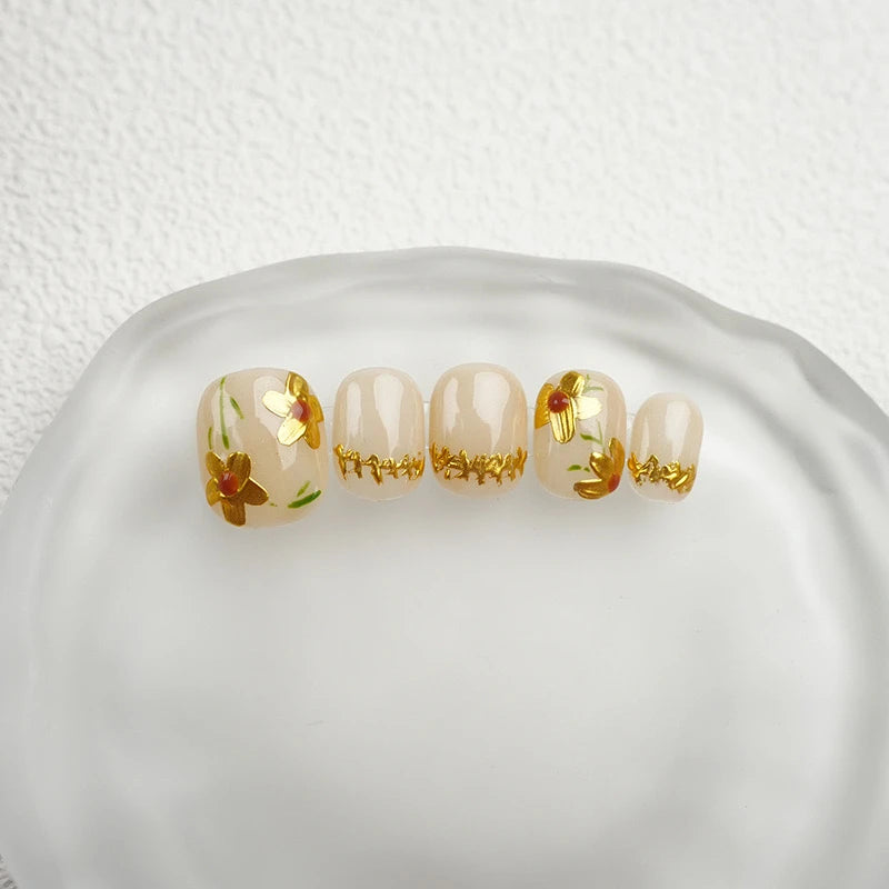 Qfdian Cute Handmade Press on Nails Golden Korean Fake Nails Round Head Reusable Adhesive False Artifical Nails Manicure Acrylic Tips